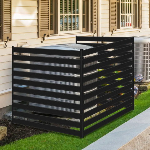 Outdoor AC Unit Fence Screen Set, 3 Panels, 42 Inch Tall By 38 Inch Wide Privacy Fence For Trash Cans, Pool Equipment, And Outdoor Units, Heavy Duty Metal Construction To Hide Clutter And Upgrade Your Yard surrounding an AC unit
