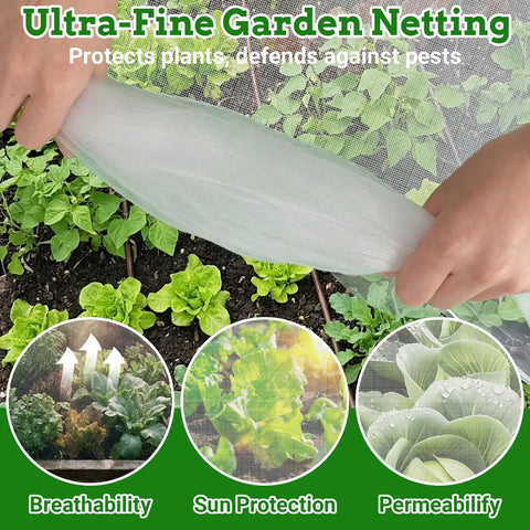 Hands holding Garden Netting 4x10 Ft See Through Pest Barrier And Bird Netting over vegetables in a garden