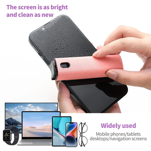 Two In One Screen Cleaner Spray And Wipe Kit For Phones Tablets Laptops TVs Monitors And Car Screens Pink Lipstick Size cleaner being used on smartphone screen.