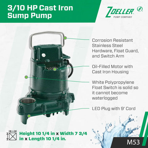 Mighty-Mate Submersible Sump Pump 1/3 Hp With Auto Float Switch, Non-Clogging Vortex Impeller, Cast Iron Housing And Green Finish