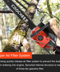 Close-up of Powerful 62cc Gas Chainsaw With 20 Inch Bar For Real Tough Jobs Like Farm Clearing And Tree Trimming in action