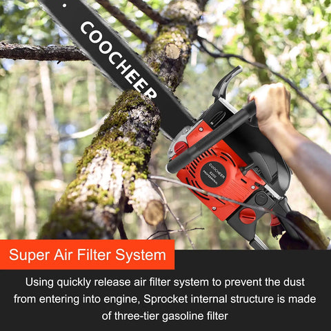 Close-up of Powerful 62cc Gas Chainsaw With 20 Inch Bar For Real Tough Jobs Like Farm Clearing And Tree Trimming in action