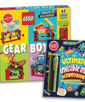 Klutz Lego Gear Bots Science Building Kit With Invisible Ink Activity Book, showing colorful box and activity book cover.