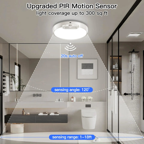 Installed Upgraded 8000mAh Rechargeable Ceiling Light With Remote Wireless Motion Sensor LED Fixture for Bathroom