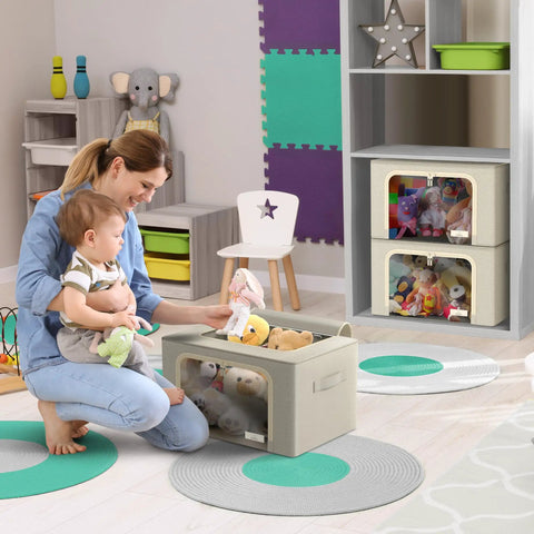 Beige Stackable Storage Bins With Metal Frame For Closet Organization in use, storing toys, with clear windows and flap doors visible.