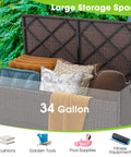 Outdoor 34 Gallon Storage Bench With Seat Cushion And Waterproof Liner, Wicker Brown Deck Box With Side Handles, Weatherproof Patio Storage filled with cushions and supplies.