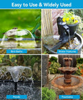 Collage showing solar fountain pump in bird bath, water feature, pond, and fountain with Built In 6W Solar Panel And 3000mAh Battery Backup.