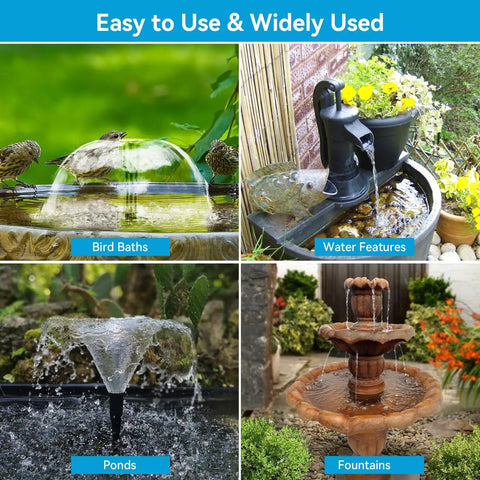 Collage showing solar fountain pump in bird bath, water feature, pond, and fountain with Built In 6W Solar Panel And 3000mAh Battery Backup.