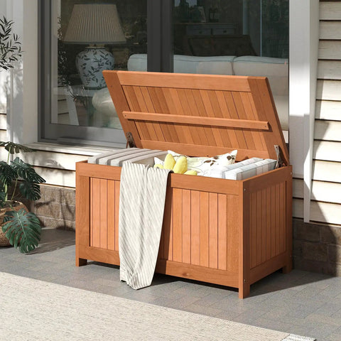 Outdoor Wood Deck Box With Flip Top Bench Go To Patio Storage For Garden And Poolside 52 Gallon Capacity Weatherproof Solid Wood Chest outdoors