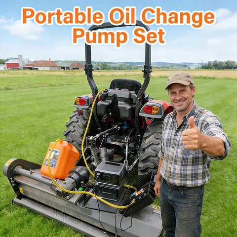 No Sweat 12V 75W Electric Gas Fuel Transfer Pump Set Workhorse Grade with tractor on grass showing pump components.