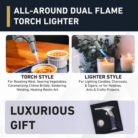 Dual Flame Butane Torch Gun for Cooking and Crafting Refillable Handheld Torch with Adjustable Flame and Ignition Lock