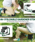 Foldable Garden Kneeler And Seat With Soft Kneeling Pad 2 In 1 Ergonomic Garden Stool For Gardening And Farm Work No Assembly Required Easy To Fold Durable And Comfortable Perfect Gift For Women Moms Men Seniors shown in outdoor use.