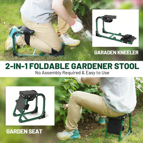 Foldable Garden Kneeler And Seat With Soft Kneeling Pad 2 In 1 Ergonomic Garden Stool For Gardening And Farm Work No Assembly Required Easy To Fold Durable And Comfortable Perfect Gift For Women Moms Men Seniors shown in outdoor use.