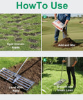 Instructional guide using Heavy Duty Lawn Leveler Rake With 304 Stainless Steel Head, 30 Inch Wide, 6.5 Foot Ergonomic Handle for yard prep.