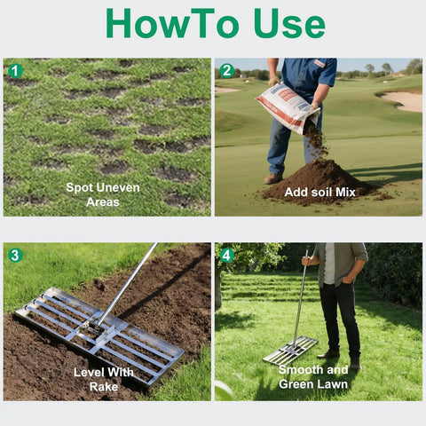 Instructional guide using Heavy Duty Lawn Leveler Rake With 304 Stainless Steel Head, 30 Inch Wide, 6.5 Foot Ergonomic Handle for yard prep.