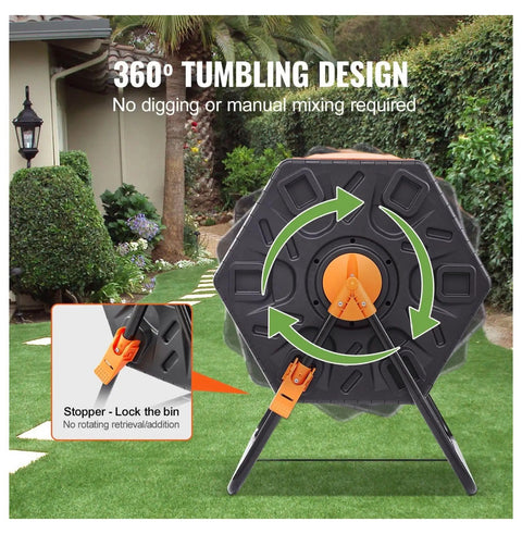 Dual Chamber Tumbler Compost Bin 37 Gallon Outdoor Rotating Bin with Sliding Doors and Steel Frame in garden setting