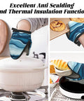 Hot Kitchen Gear Mini Oven Mitts With Non Slip Silicone Grip And Heat Resistant Cotton Padding For Safely Handling Pans Pots And Baking Trays Up To 500 Degrees F in use lifting hot pot.