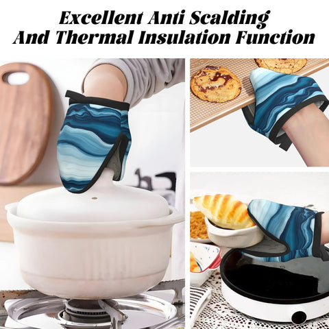 Hot Kitchen Gear Mini Oven Mitts With Non Slip Silicone Grip And Heat Resistant Cotton Padding For Safely Handling Pans Pots And Baking Trays Up To 500 Degrees F in use lifting hot pot.
