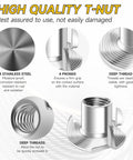 Image highlighting features of Top Shelf 100 Pack 1 4 20 T Nuts 304 Stainless Steel Four Pronged Threaded Inserts for woodworking.