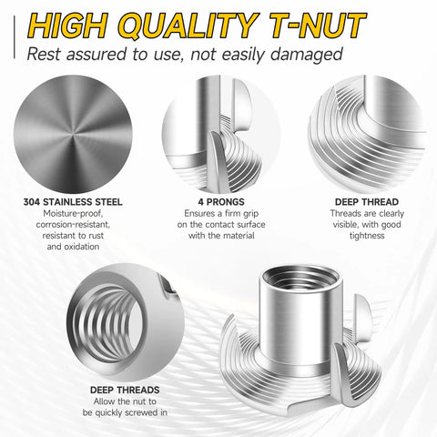 Image highlighting features of Top Shelf 100 Pack 1 4 20 T Nuts 304 Stainless Steel Four Pronged Threaded Inserts for woodworking.