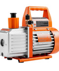 Rock Solid 3.5 CFM Vacuum Pump Single Stage Rotary Vane Hvac Tool With Oil Catch Bottle, silver and orange, portable design.