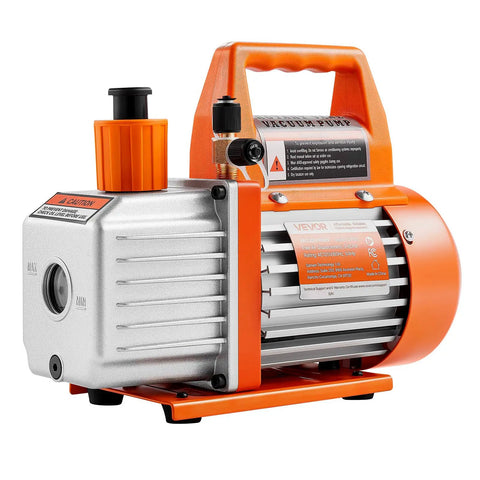 Rock Solid 3.5 CFM Vacuum Pump Single Stage Rotary Vane Hvac Tool With Oil Catch Bottle, silver and orange, portable design.
