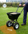 80 Lb Capacity Push Broadcast Spreader With 12 Ft Spread Width And 13 In All Terrain Wheels Adjustable Flow Control in use on lawn
