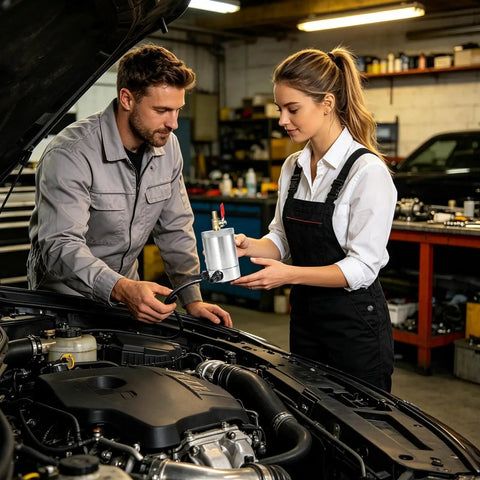 Two mechanics examining a Heavy Duty Dual Port Oil Catch Can For Engine Performance in a workshop setting.