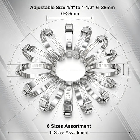 Dude, grab this killer 40 piece stainless steel hose clamp kit covering 1/4 inch to 1-1/2 inch sizes perfect for fixing your fuel line, plumbing jobs, garden hose, or any tube work without worrying about rust or corrosion ever again. 6 sizes assortment of stainless hose clamps, 1/4 to 1-1/2 inch