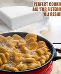 150 Count White Cone Oil Filters 10x10 Inches Pro Grade for kitchen use, shown beside frying pan with food.