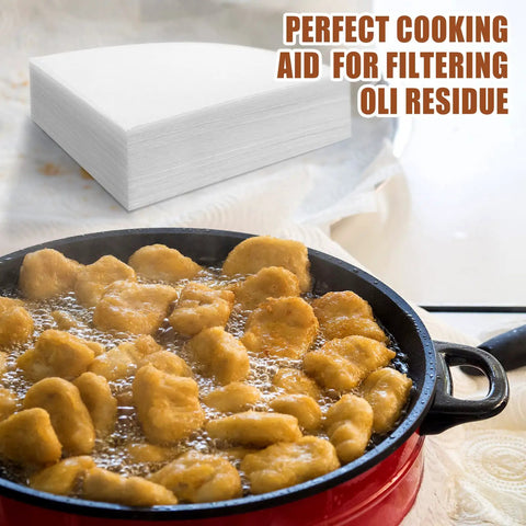 150 Count White Cone Oil Filters 10x10 Inches Pro Grade for kitchen use, shown beside frying pan with food.