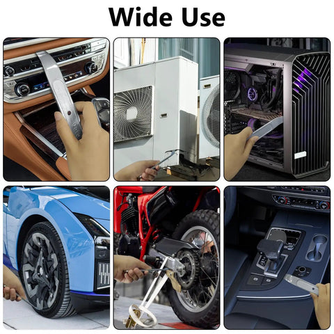 Collage of 4140 Pry Tool For Auto Interiors And Panels with diverse uses including auto interiors, motorcycle, and HVAC panels.