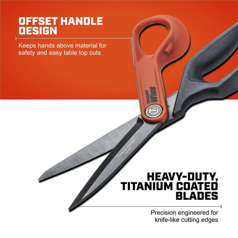 10 Inch Titanium Coated Offset Tradesman Shears For Cutting Leather, Wire, Cardboard Industrial Heavy Duty Utility Scissors Right Hand CW10T Built For Pro Tradesmen And DIY Pros Everywhere