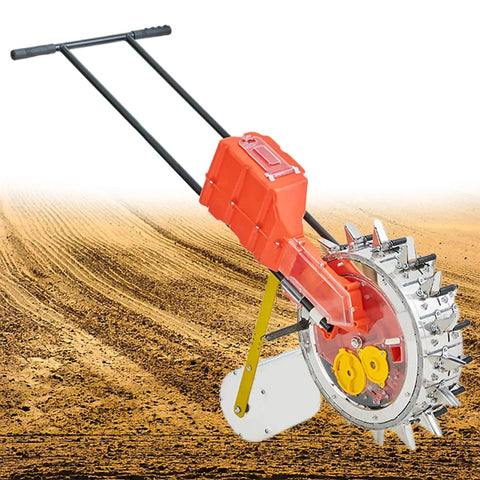 Garden Push Seeder Hand Push Manual Seeder With 16 Nozzles on soil with visible planting furrows