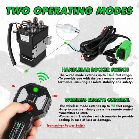 STEGODON 5500 winch, 12V electric ATV/UTV winch with synthetic rope and green wireless remote.