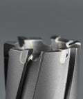 Carbide annular cutters set with Weldon shank; close-up of cutting teeth