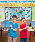 Children holding country cards with world map backdrop in classroom, part of Total 63 Piece World Geography Set For Classrooms And Home