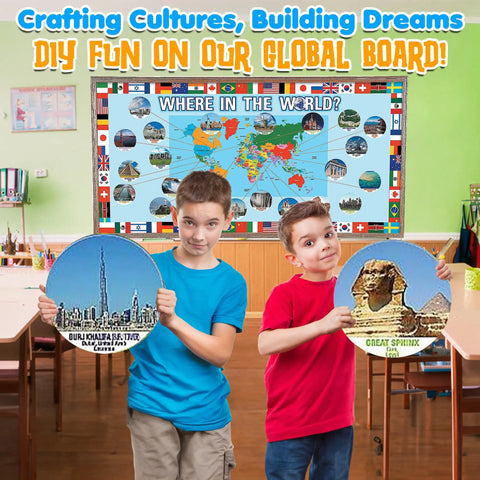 Children holding country cards with world map backdrop in classroom, part of Total 63 Piece World Geography Set For Classrooms And Home