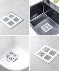 Hair Drain Stickers 100 Pcs Disposable Peel Stick in four angles, showing installation in different sinks.