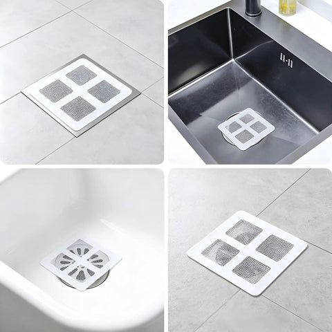 Hair Drain Stickers 100 Pcs Disposable Peel Stick in four angles, showing installation in different sinks.