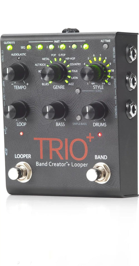 Trio Plus Band Creator Looper Pedal With FS3X Footswitch, showing dials for tempo, genre, style, loop, bass, and drums.