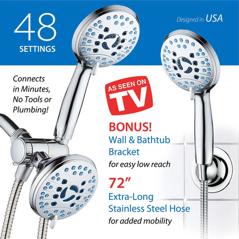 High Pressure Shower Head Combo With Rain And Handheld Modes Anti Clog Nozzles Extra Long Six Foot Hose 3 Way Water Flow