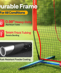 Close-up of Backyard Baseball And Softball Batting Net 7x7 Ft Backstop frame with red highlights and heavy-duty 0.98 in aluminum tubes.