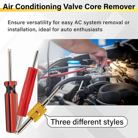 Pro Grade 39 Piece Air Conditioning Valve Core Kit with removal tools shown in use on automotive engine.