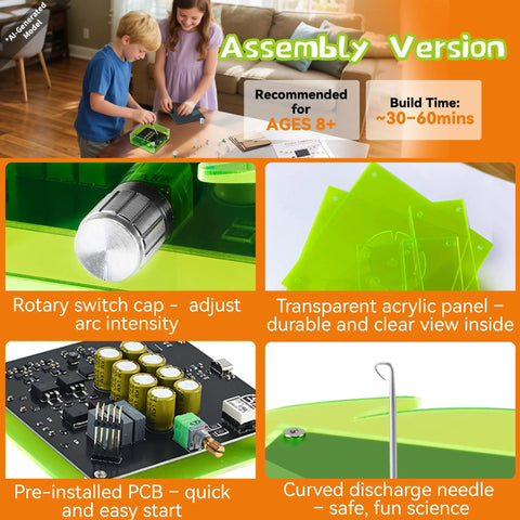 Tesla Coil Kit For Kids And Teens assembly version, acrylic parts, PCB, and children building STEM electronics kit
