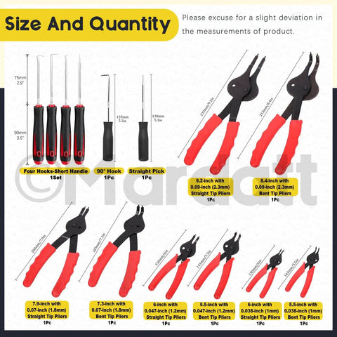 Toolkit showing 225 Piece Snap Ring Pliers Kit With Straight And Bent Retaining Ring Pliers For Internal And External Retaining Rings C Clips.