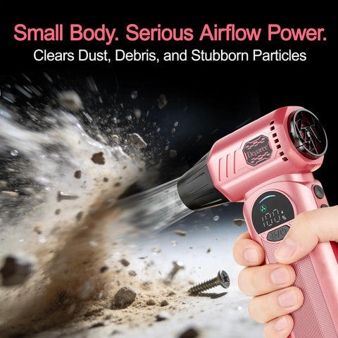 Powerful Cordless Air Duster In Pink With Rechargeable 8000mAh Battery In Action Blasting Dust From Surface