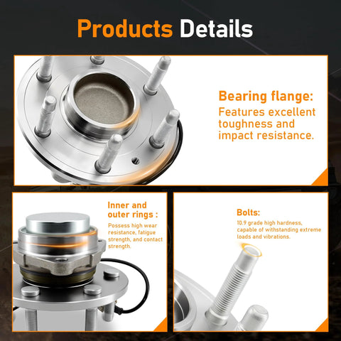 Close-up of Front Wheel Hub Bearing Assembly 2Pcs 6 Lug With ABS 515097 showing flange, rings, and bolts details.