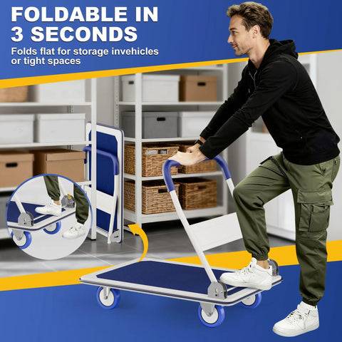 Man using Foldable Push Cart Dolly With 330 Lbs Capacity, Heavy Duty Moving Platform Hand Truck On Swivel Wheels in garage