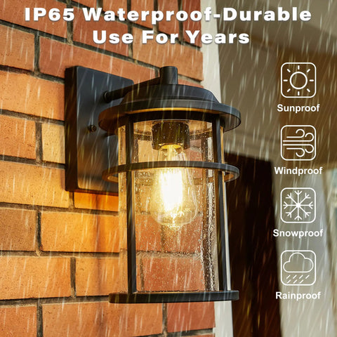 Modern Outdoor Wall Light With Seeded Glass Shade, Waterproof Anti Rust Black Exterior Sconce on brick wall